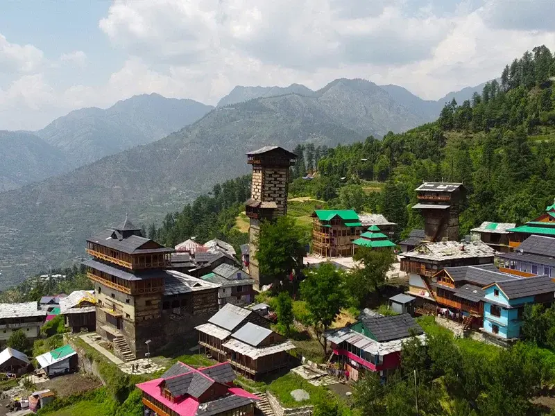 View from Chaini village looking up at the historic tower